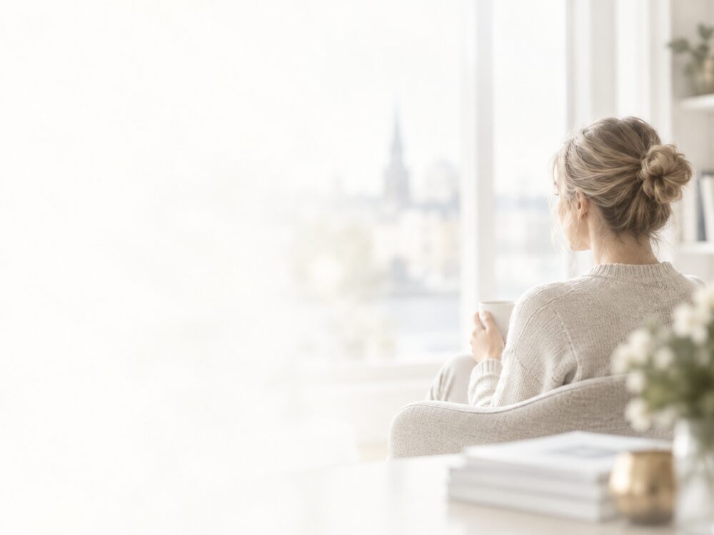 En person i en fåtölj som ser ut genom fönstret